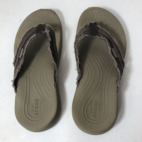 Crocs Sandals Mens Size 7 Dual Comfort Distressed Flip Flops Thong Taupe Brown C - Picture 7 of 11